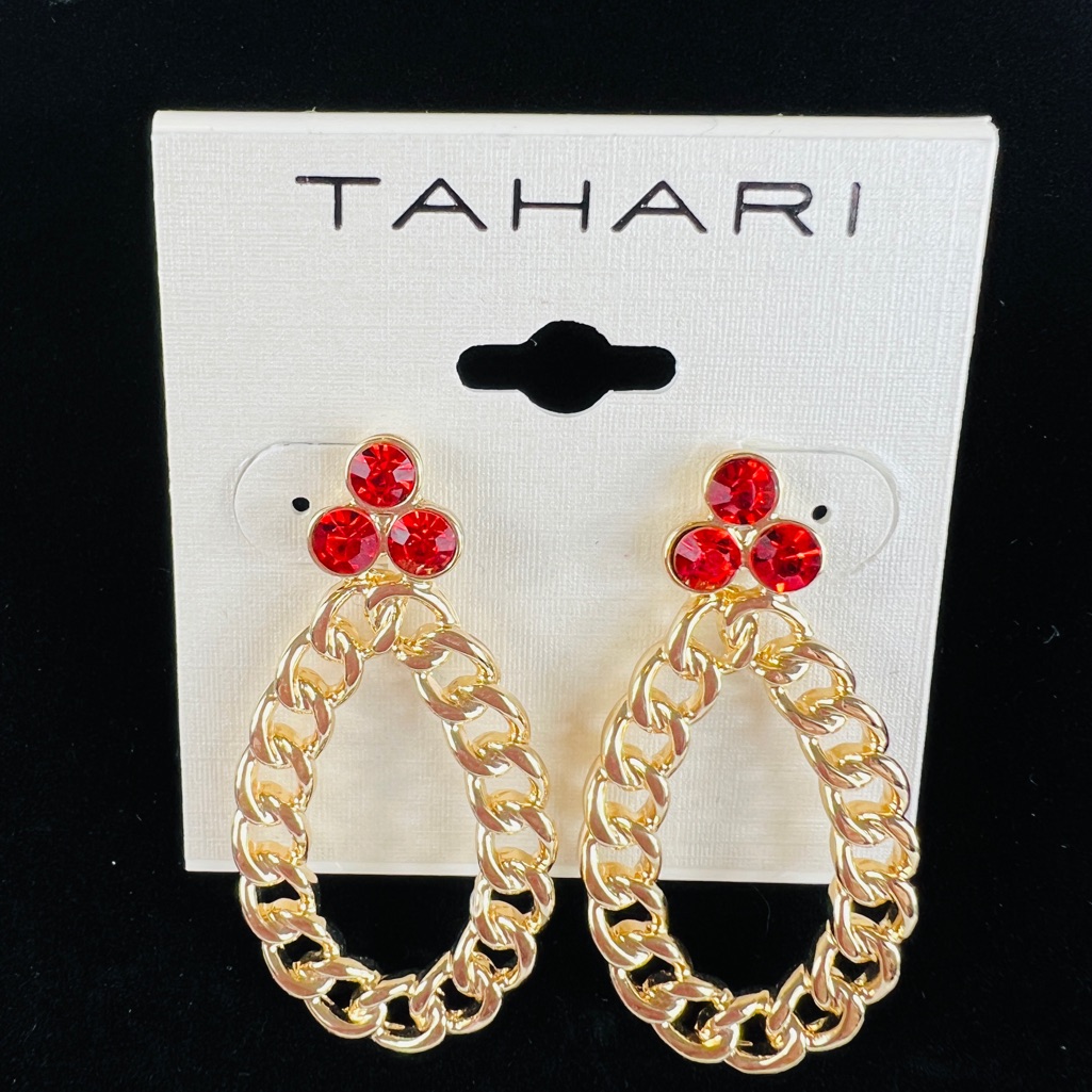 Tahari Gold Tone Dangling Chain Hoop Fashion Earrings With Red Accent Nwt 15$